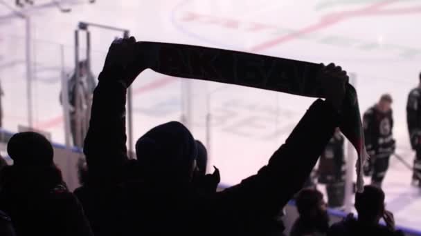 Man met opgeheven sjaal ondersteuning van favoriete hockey team — Stockvideo
