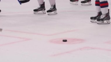 Hokey takımı katılımcıları buz arenasında küçük bir diskin yanından geçtiler