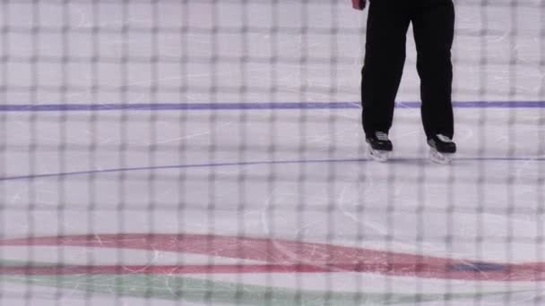 L'arbitre de hockey met la rondelle sur la patinoire pour se préparer au match — Video