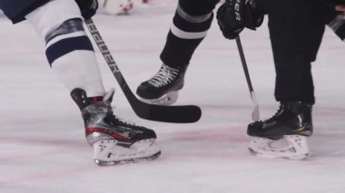 Hokey oyuncuları hakem buz pistine diski atarken bekler.