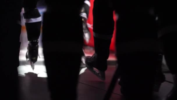 Team of hockey players walks along dark hall to rink — Stock Video