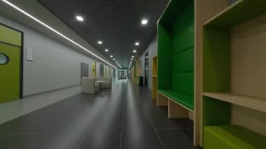 Okulda kanepeleri ve renkli dolapları olan geniş bir koridor.