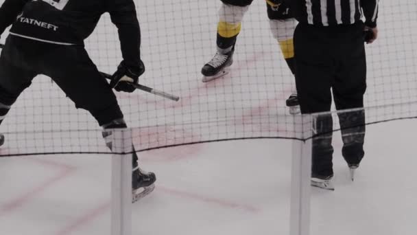 하키 선수들은 얼음 경기장에서 심판을 기다리고 있다 — 비디오
