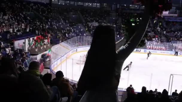 Kvinna cheerleader silhuett skakar pompoms på hockey — Stockvideo
