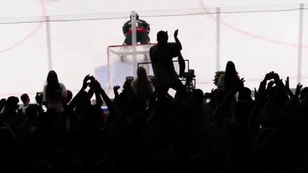 冰球迷们的轮廓 在冰场慢动作攻击守门员时 拥抱着手鼓掌 — 图库视频影像