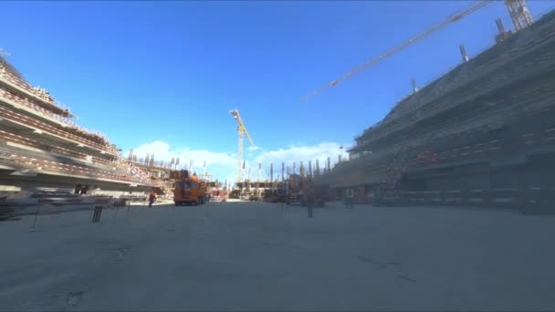 Bewegung Durch Staubwolke Zur Stadion Baustelle Mit Bauarbeitern Und Modernen — Stockvideo