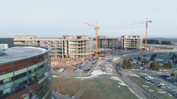 Carcaças Futuros Edifícios Escritórios Guindastes Torre Local Construção Centro Negócios — Vídeo de Stock