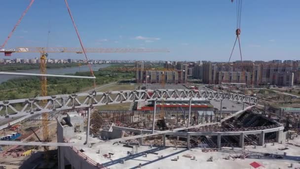Carregando Detalhes Metal Sobre Construção Estádio Esportes Modernos Local Construção — Vídeo de Stock