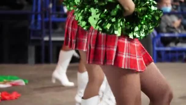 Women Cheerleaders Group Short Red Skirts Dance Amuse Hockey Game — Stock Video