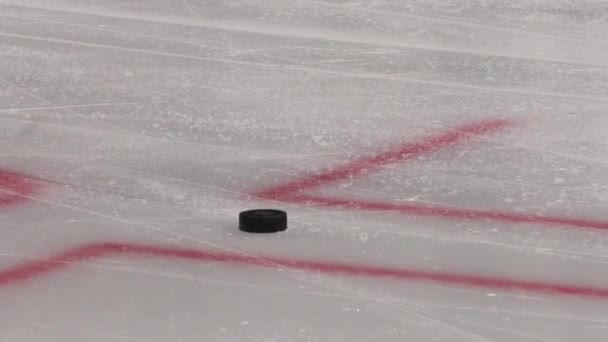 Puck Encuentra Hielo Rayado Con Líneas Marcado Rojo Mientras Que — Vídeo de stock