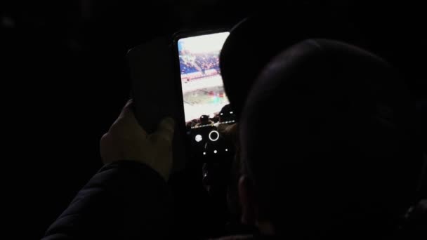 Sports Fan Shoots Hockey Game Cellphone Sitting Dark Spectator Places — Stock Video