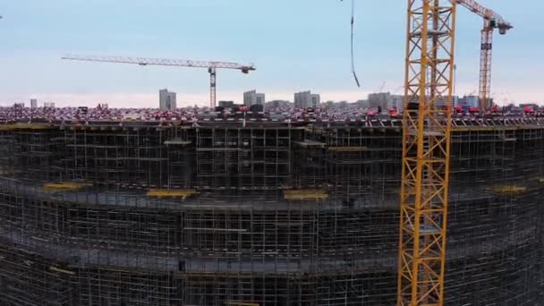 Guindastes Altos Com Gabaritos Construção Arena Esportiva Local Construção Vista — Vídeo de Stock