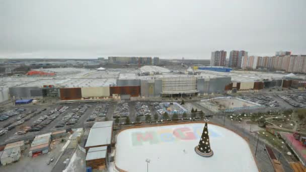 Timelapse Fuertes Nevadas Vista Superior Ciudad Contemporánea Pista Patinaje Navidad — Vídeos de Stock