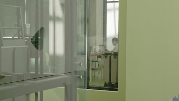 Kadın Ofiste Dizüstü Bilgisayarda Çalışıyor Asansörün Yanında Cam Duvarlar Var — Stok video