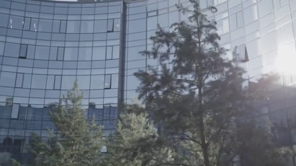Highrise Kantoorgebouw Met Glazen Gevel Bomen Het Centrum Tijdens Zonsondergang — Stockvideo