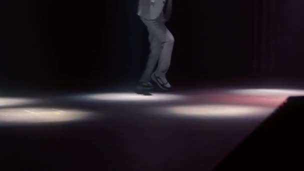 Talented Dancer Wearing Classic Suit Performs Feet Dance Moves Stage — Stock Video