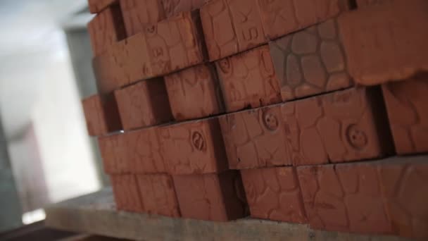 Stapelweise Ziegelsteine Aus Rotem Lehm Auf Paletten Baustellennähe Baumaterialien Lager — Stockvideo