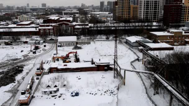 Timelapse Ground Preparation Foundation Laying Snowy Construction Site Weeks Urban — Stock Video