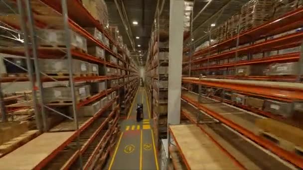 Bastidores Altos Con Cajas Cartón Cargador Carretillas Elevadoras Una Amplia — Vídeo de stock