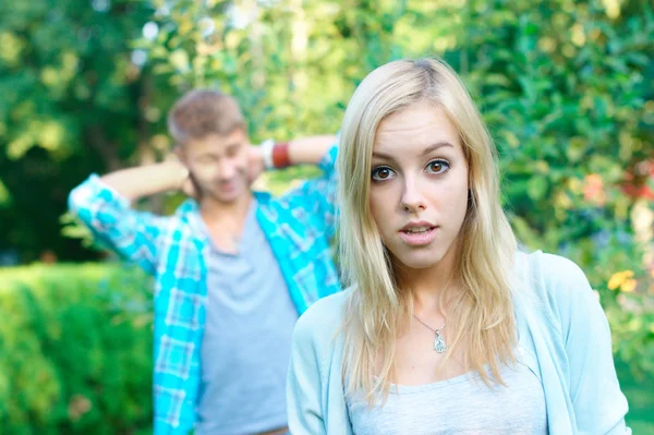 Sad girl with her boyfriend — Stock Photo, Image