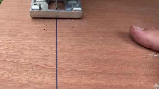 Chiudere Carpentiere Segare Tavola Legno Con Puzzle Elettrico Primo Piano — Video Stock