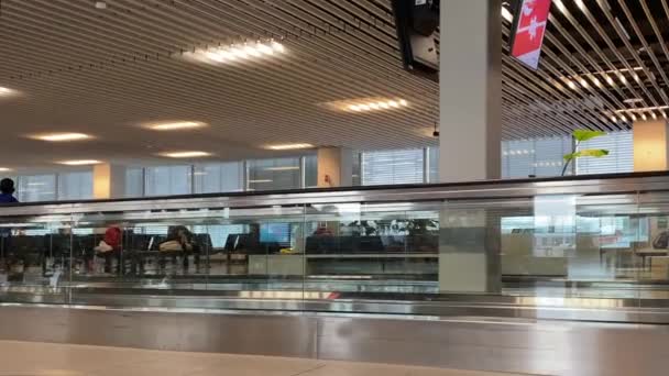 2021年11月11日 荷兰阿姆斯特丹 史基浦机场 戴防护面具的人在机场走廊上走着走着 — 图库视频影像