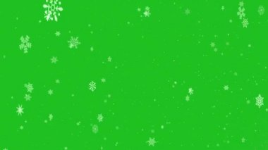 Chroma Key arka planında kar taneleri. Yeşil ekranda yavaşça düşen 4K animasyonu