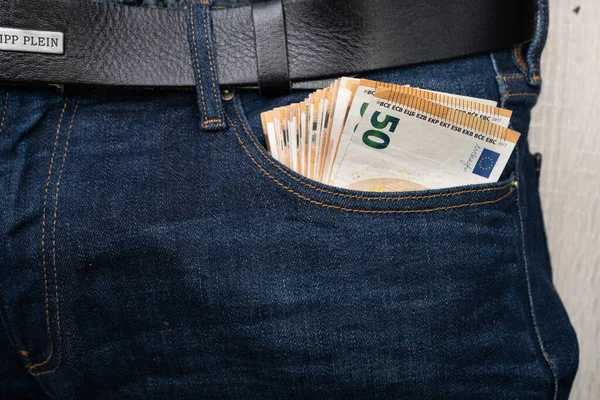 Банкноти Євро Кишені Джинсів Закрийся Щоб Витрачати Гроші — стокове фото