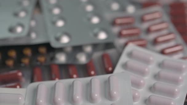 Επιλεκτική Εστίαση Καψάκια Κυψέλες Κυψέλη Φάρμακα Δισκία Και Χάπια Κλείσιμο — Αρχείο Βίντεο