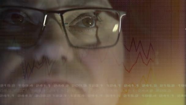Selective Focus Businessman Analyzes Stock Market Looking Monitor Screen — Wideo stockowe