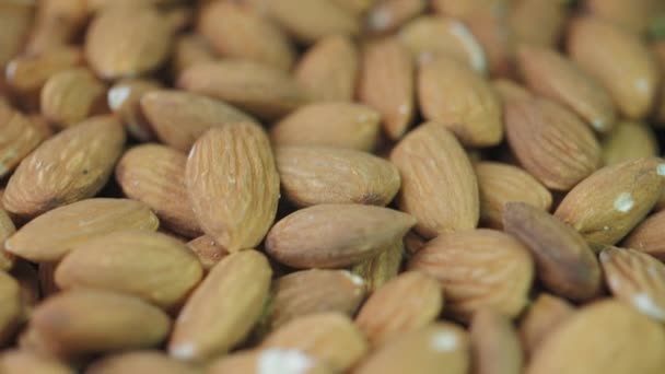 乾燥アーモンドナッツのマクロ撮影 ミネラルやビタミンが豊富なベジタリアン料理 選択的焦点 — ストック動画