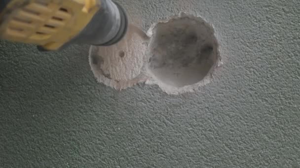 Lavoro Martello Pneumatico Foro Perforazione Muro Cemento Primo Piano — Video Stock