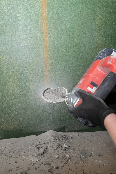 Work Jackhammer Drilling Hole Concrete Wall — Fotografia de Stock