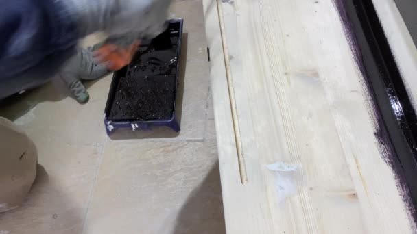 Painter Paints Stairs Paint Roller — Vídeo de stock