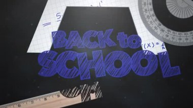 Animated school supplies and text Back to School