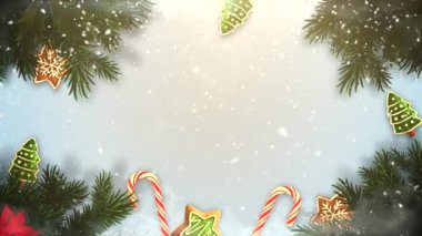 Yeni yıl ve beyaz kar taneleri düşen Noel arkaplanı. 3B döngü canlandırması