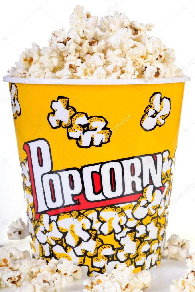 Big bucket of popcorn. Isolated on a white