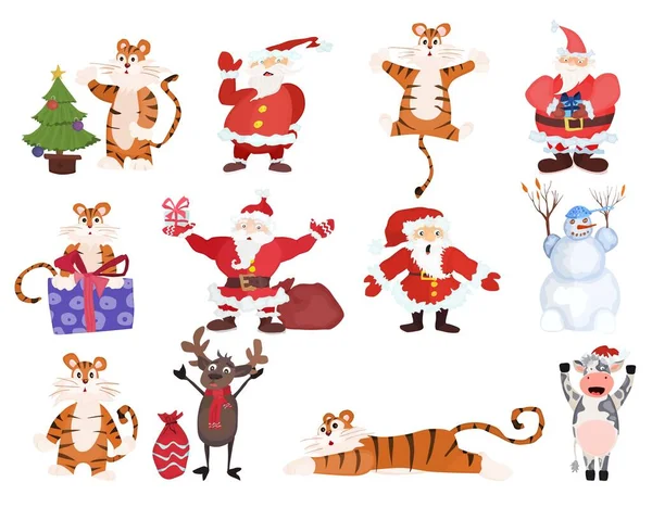 Auswahl Von Neujahrsfiguren Und Tigern Für Weihnachten Flachen Stil Vektor — Stockvektor