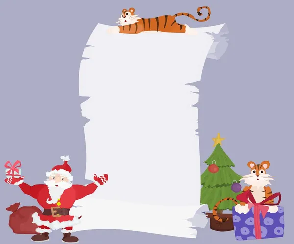 Tygrysy Święty Mikołaj Prezentami Pobliżu Zwoju Wiadomości Płaski Styl Wektor — Wektor stockowy