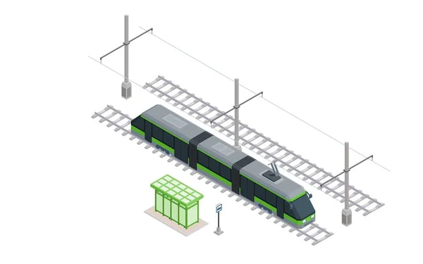 Moderne Grüne Straßenbahn Einer Haltestelle Auf Den Schienen Isometrisches Bild — Stockfoto
