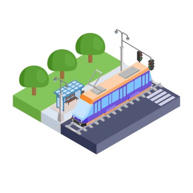 Tramvay izometrik simgeyi durdurdu. Stoklardaki izometrik biçimlerde resim