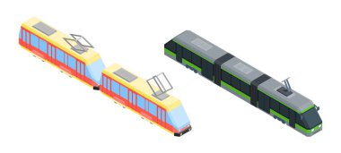 İki farklı tramvay şehir ulaşımı. izometrik biçim resmi