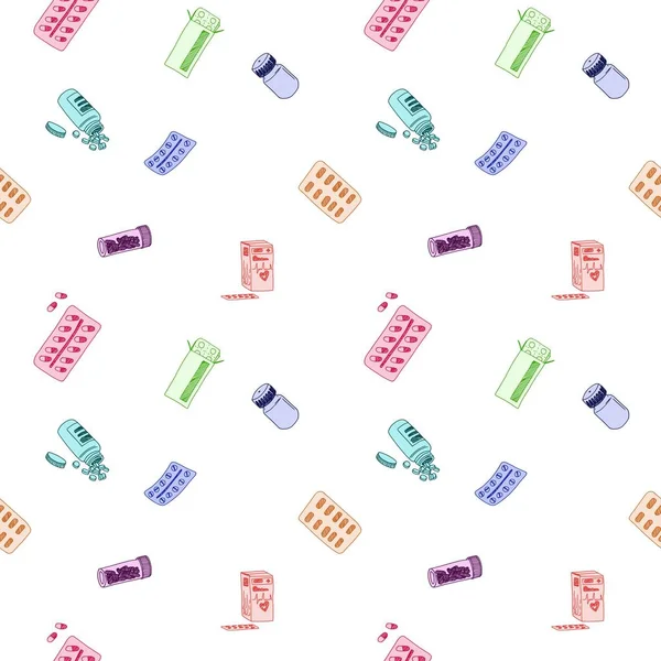 Bright Seamless Pattern Pills White Background Sketch Style Drawing — Stock Photo, Image