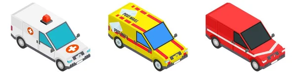 一套等号红色风格的汽车 救护车和邮政服务 等距画法 — 图库照片