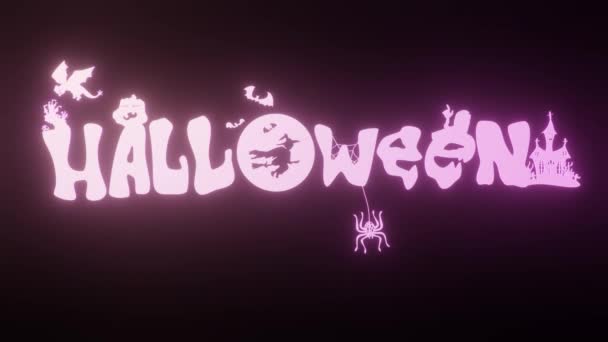 Brilhante Lettering Feriado Halloween Brilho Com Luzes Tabuleta Fundo Escuro — Vídeo de Stock