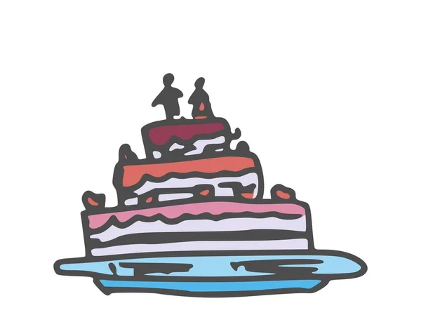 Kuchen Mit Sahne Auf Einem Teller Einfache Zeichnung Vektor Doodle — Stockvektor