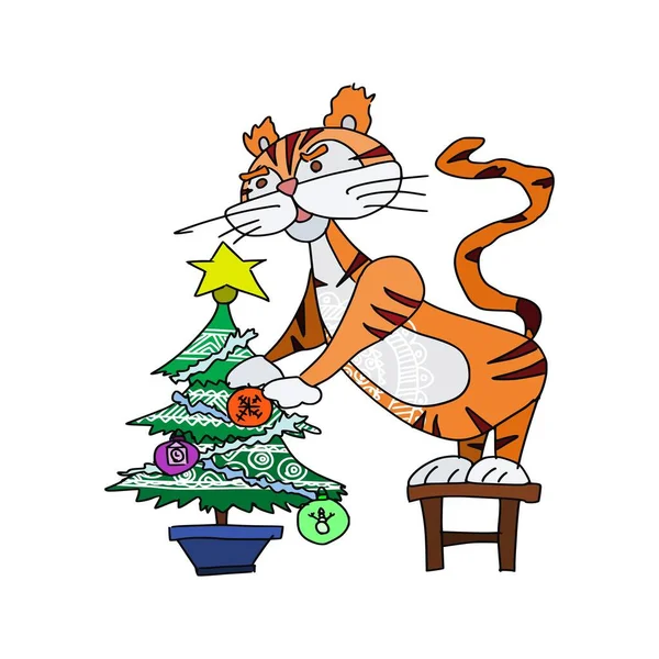 Tiger Schmückt Den Weihnachtsbaum Für Das Fest Doodle Skizze Vektorbild — Stockvektor