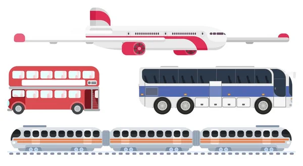 Trens Ônibus Avião Seleção Transporte Imagem Vetorial Estilo Plano —  Vetores de Stock