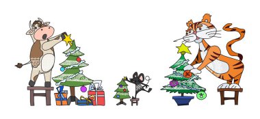 Hayvanlar kaplan ve fare Noel ağacını süsler. Çizim vektör resmini karala