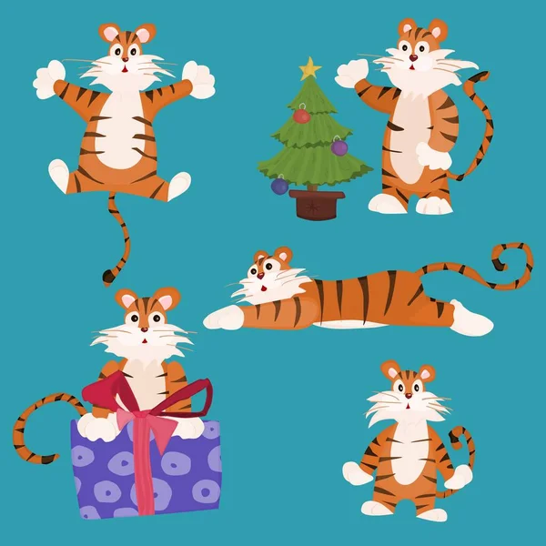 Personagens Simples Desenhos Animados Tigres Compilação Ilustração Estilo Plano Imagem — Fotografia de Stock